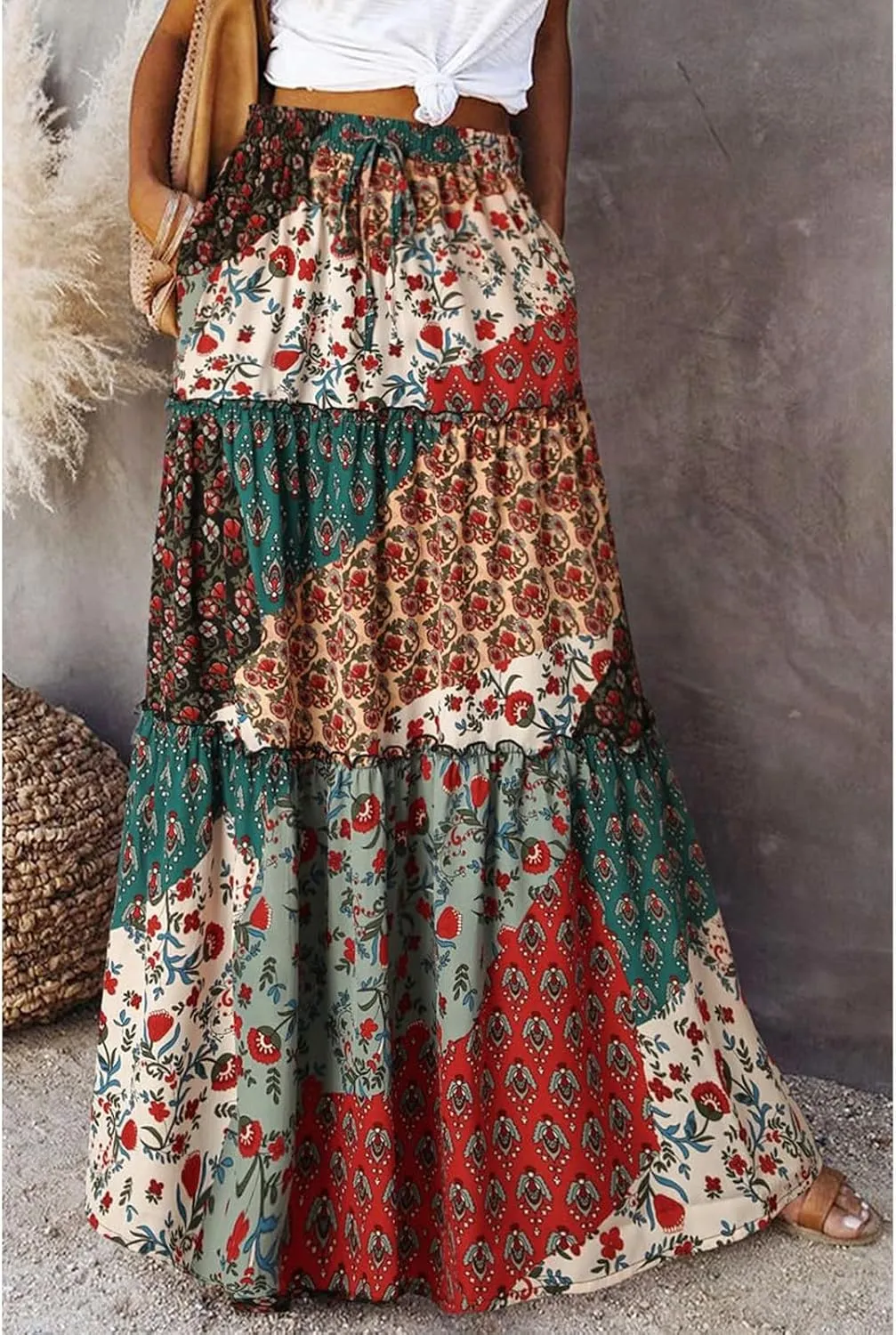 Maxi Skirts for Women 2025 Summer Beach Boho Casual High Waist Tie Paisley Print Tiered Long Skirt with Pockets