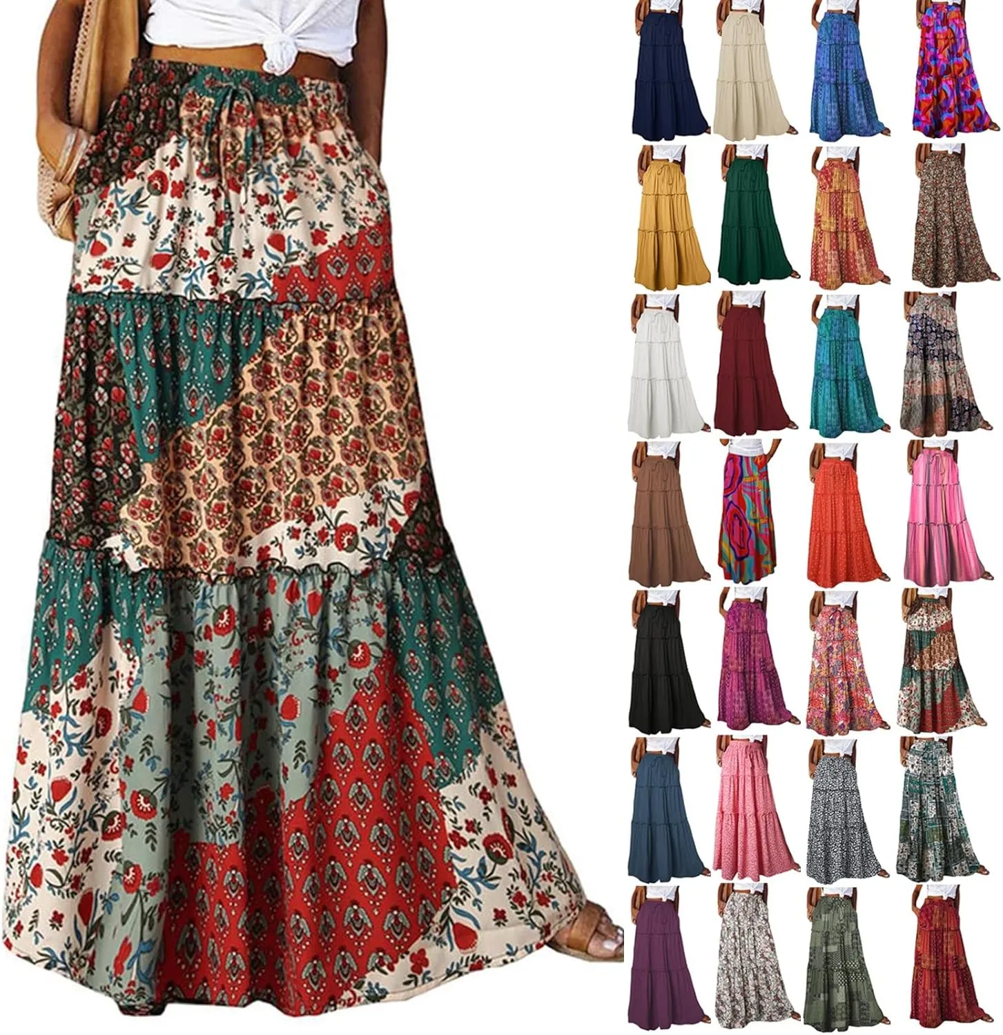 Maxi Skirts for Women 2025 Summer Beach Boho Casual High Waist Tie Paisley Print Tiered Long Skirt with Pockets