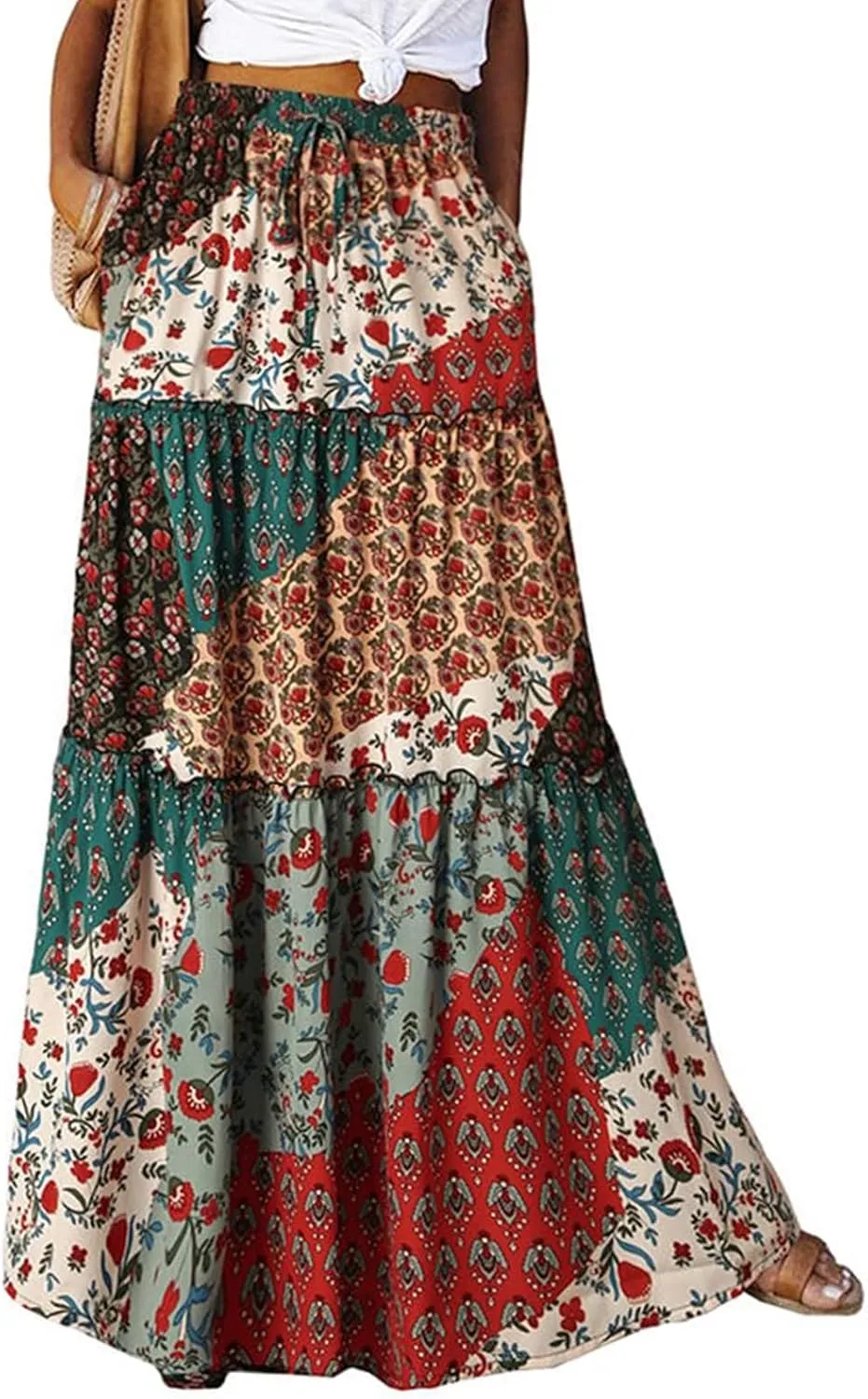 Maxi Skirts for Women 2025 Summer Beach Boho Casual High Waist Tie Paisley Print Tiered Long Skirt with Pockets