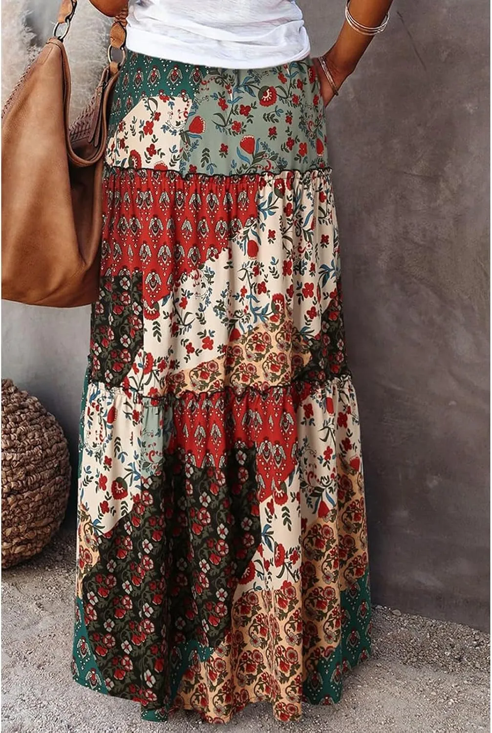 Maxi Skirts for Women 2025 Summer Beach Boho Casual High Waist Tie Paisley Print Tiered Long Skirt with Pockets