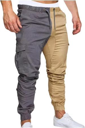 Mens Cargo Pants Casual Multi Pockets Work Pants Trendy Color Block Hiking Pants Elastic Waist Drawstring Jogger Pants