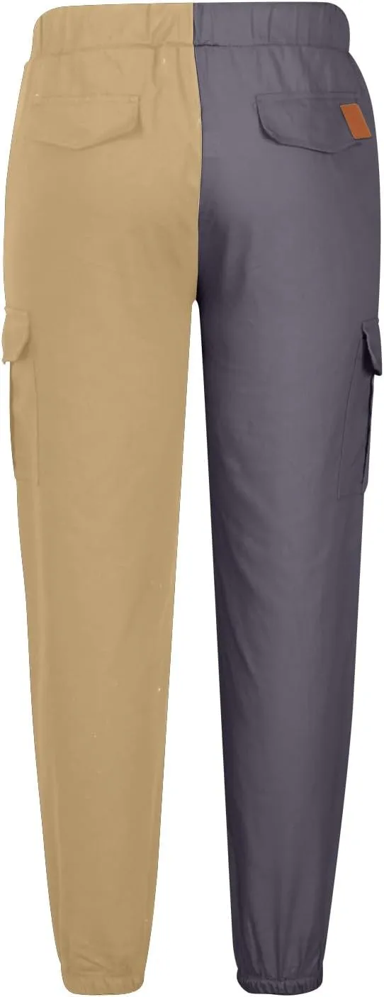 Mens Cargo Pants Casual Multi Pockets Work Pants Trendy Color Block Hiking Pants Elastic Waist Drawstring Jogger Pants