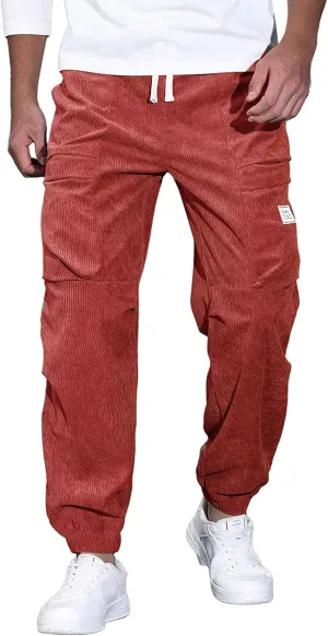 Mens Corduroy Joggers Pants Casual Cargo Pants Drawstring Elastic Waist Baggy Tapered Sweatpants with Pockets