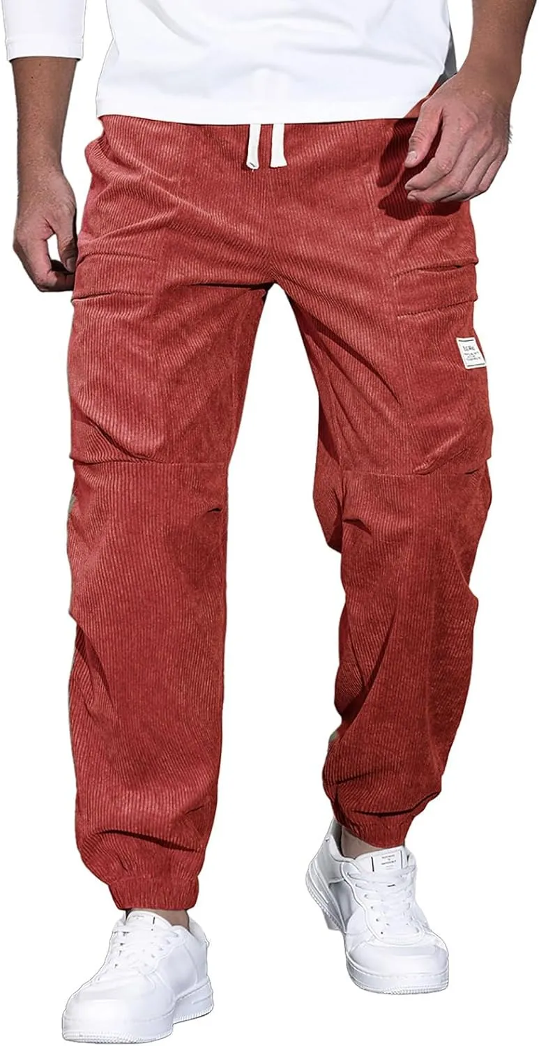 Mens Corduroy Joggers Pants Casual Cargo Pants Drawstring Elastic Waist Baggy Tapered Sweatpants with Pockets