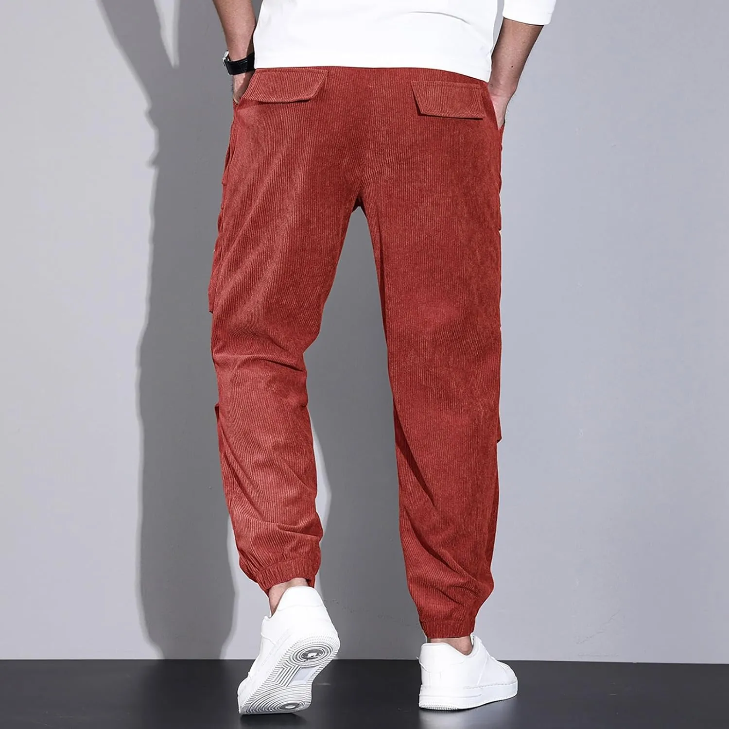 Mens Corduroy Joggers Pants Casual Cargo Pants Drawstring Elastic Waist Baggy Tapered Sweatpants with Pockets