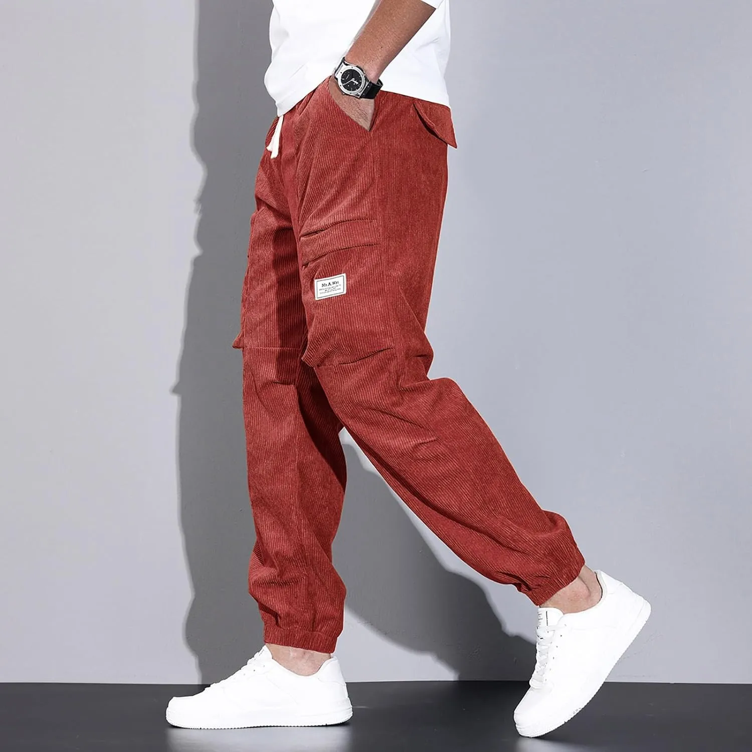 Mens Corduroy Joggers Pants Casual Cargo Pants Drawstring Elastic Waist Baggy Tapered Sweatpants with Pockets