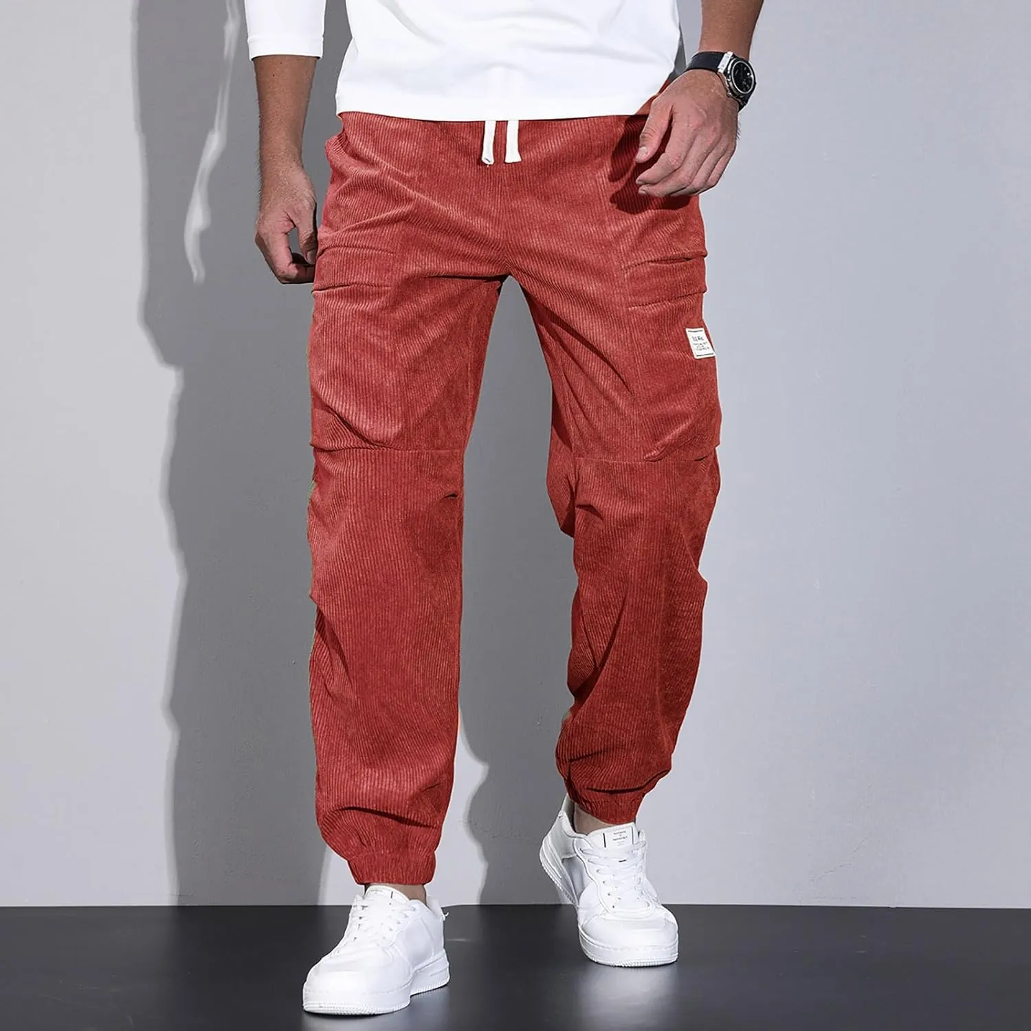 Mens Corduroy Joggers Pants Casual Cargo Pants Drawstring Elastic Waist Baggy Tapered Sweatpants with Pockets