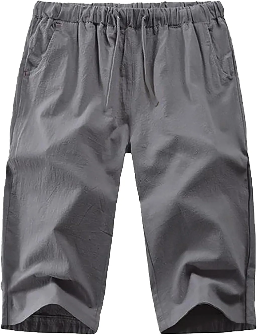 Mens Cotton Linen Pants, Elastic Drawstring Waist Lightweight Casual Beach Capri Short Pant Cropped Trousers with Pocket