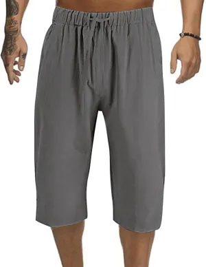Mens Cotton Linen Pants, Elastic Drawstring Waist Lightweight Casual Beach Capri Short Pant Cropped Trousers with Pocket