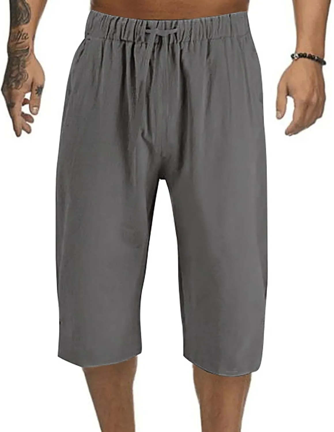 Mens Cotton Linen Pants, Elastic Drawstring Waist Lightweight Casual Beach Capri Short Pant Cropped Trousers with Pocket