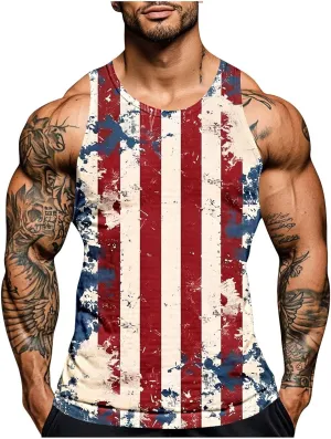 Mens Independence Day Tank Top Fashion Plus Size Sleeveless Crewneck Muscle T Shirts Summer Casual Beach Sport Tops