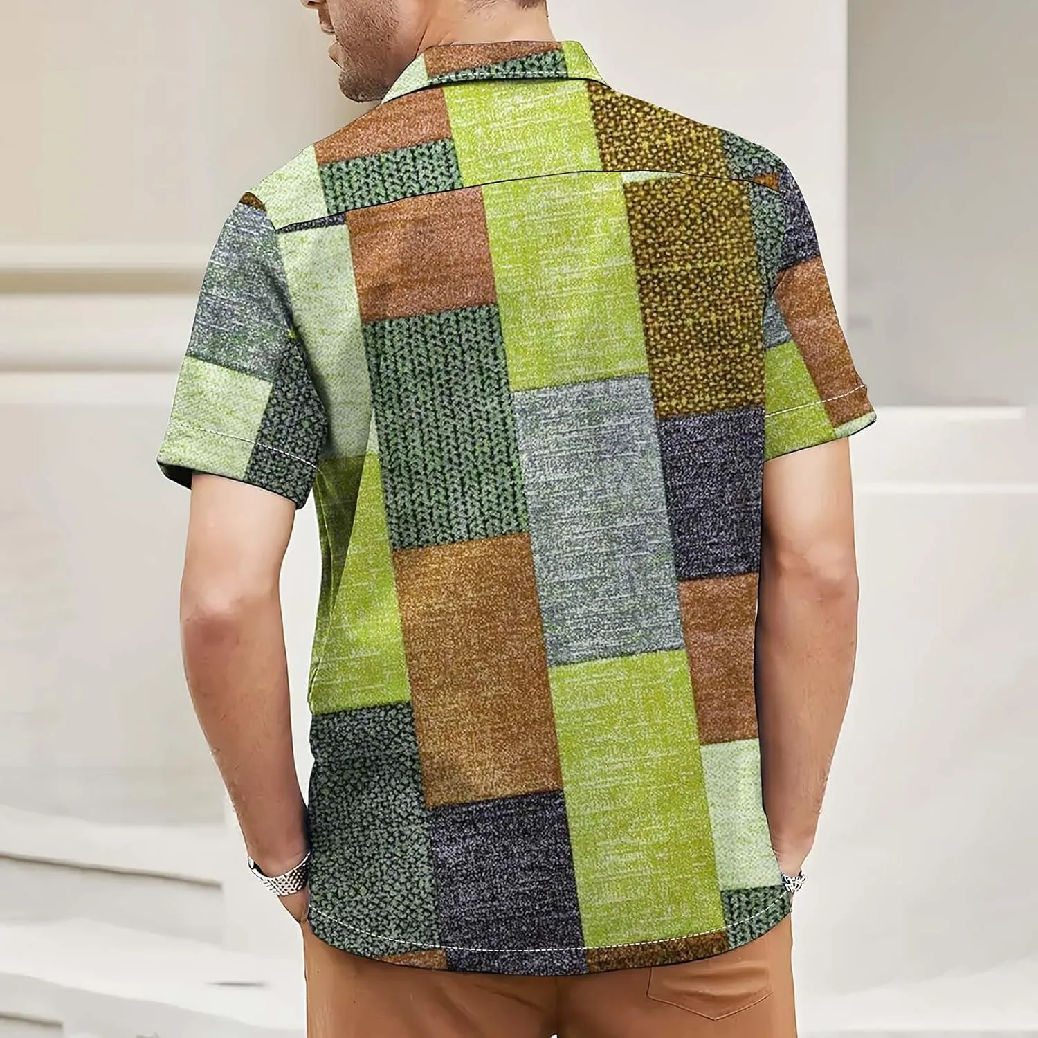 Mens Linen Shirt Hawaiian Short Sleeve Casual Cotton Button Down Shirts Color Block Hippie Lapel Collared Summer Beach Shirts