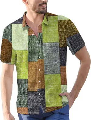 Mens Linen Shirt Hawaiian Short Sleeve Casual Cotton Button Down Shirts Color Block Hippie Lapel Collared Summer Beach Shirts