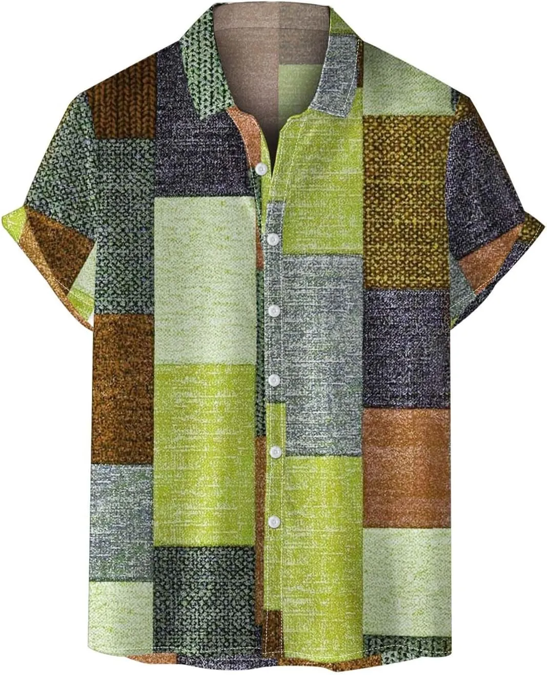 Mens Linen Shirt Hawaiian Short Sleeve Casual Cotton Button Down Shirts Color Block Hippie Lapel Collared Summer Beach Shirts