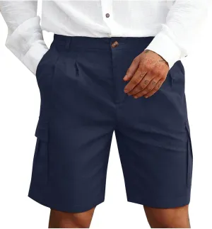 Mens Pleated Cargo Shorts Tailored Fit Button Waist Shorts with Side Utility Pockets and Clean Summer Styling