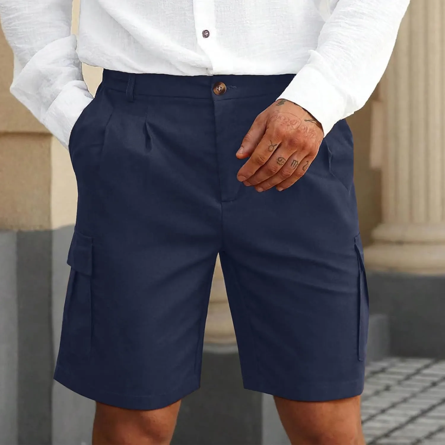 Mens Pleated Cargo Shorts Tailored Fit Button Waist Shorts with Side Utility Pockets and Clean Summer Styling