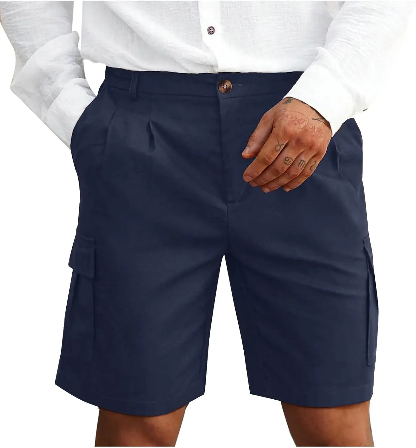 Mens Pleated Cargo Shorts Tailored Fit Button Waist Shorts with Side Utility Pockets and Clean Summer Styling