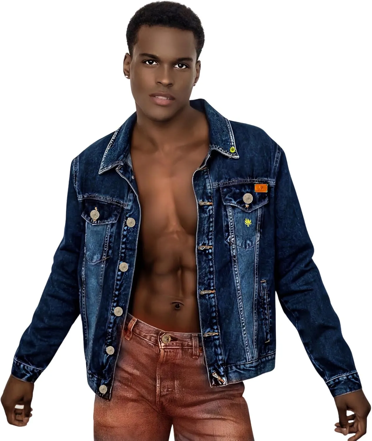 Men's Stonewashed Denim Trucker Fit Jacket, Python Leather Patch & Studded Denim Band, Cotton Blend, Jacket for Men, Handmade, Luxury Streetwear Statement Piece