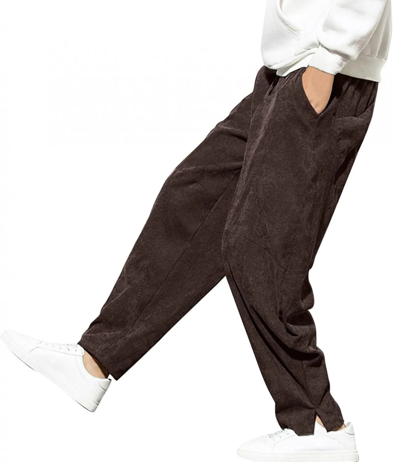 Mens Sweatpants Baggy Tapered Corduroy Harem Trouser Bottoms Casual Split Elastic Waist Hip Hop Running Joggers Pants