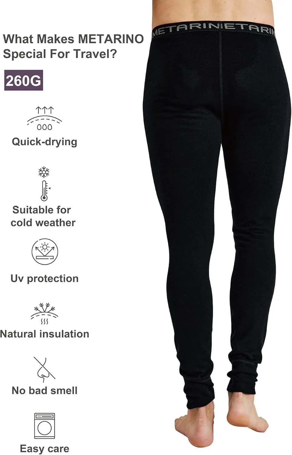 METARINO 100% Merino Wool Base Layer Men Pants -Midweight Thermal Underwear Bottoms for Skiing,Hiking,Cycling,Sports