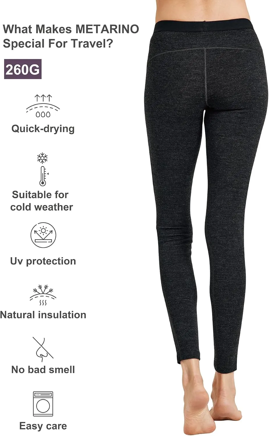 METARINO 100% Merino Wool Base Layer Women Pants -Midweight Thermal Underwear Bottoms for Skiing,Hiking,Cycling,Sports