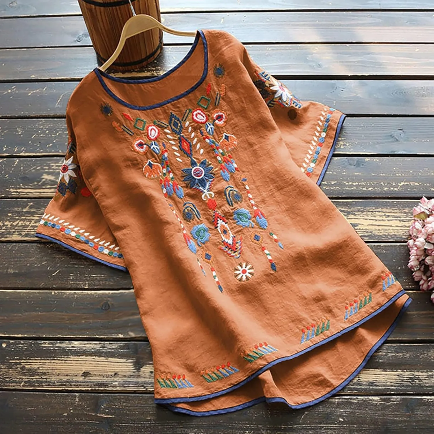 Mexican Embroidered Shirts for Women Boho Tops Loose Short Sleeve Bohemian Blouses Peasant Summer Outfits