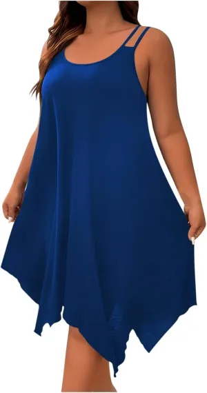 Midi Dresses for Women 2025 Casual Sleeveless Crewneck Sundress Flowy Irregular Hem Fashion Summer Beach Dress