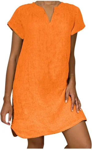 Mini Dresses for Women Summer V Neck Short Sleeve Solid Color Irregular Hem Casual Beach Vacation Shift Dress