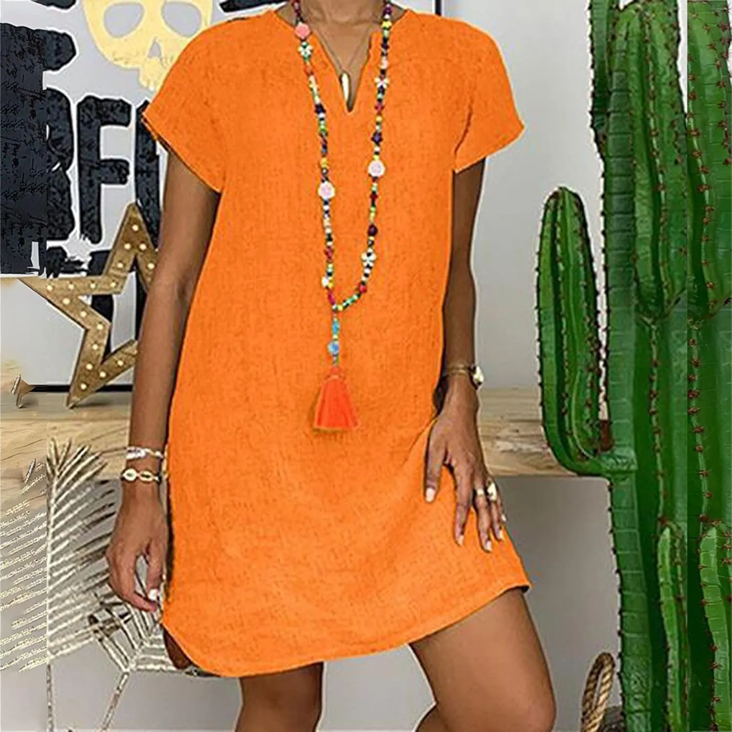 Mini Dresses for Women Summer V Neck Short Sleeve Solid Color Irregular Hem Casual Beach Vacation Shift Dress