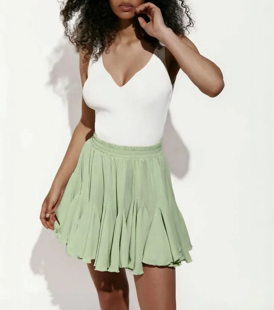 Mini Skirt Women Pleated Mini Skirt Elastic Waist Skater Skirt Flared Ruffle Lingerie Skirts