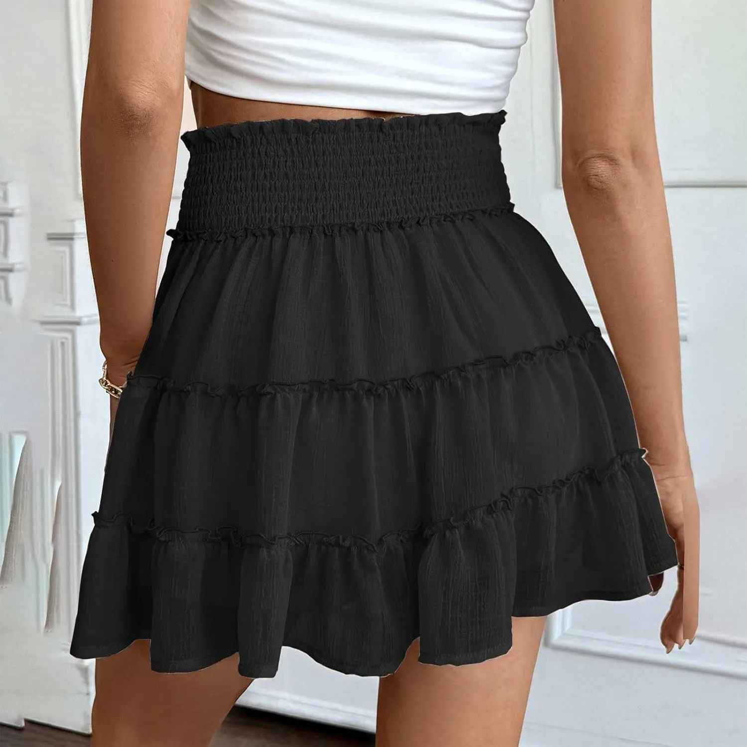 Mini Skirts Women Casual Elastic High Waist Ruffle Hem Skirt Cute Flowy Layered Beach Vacation Outfit Y2K Streetwear
