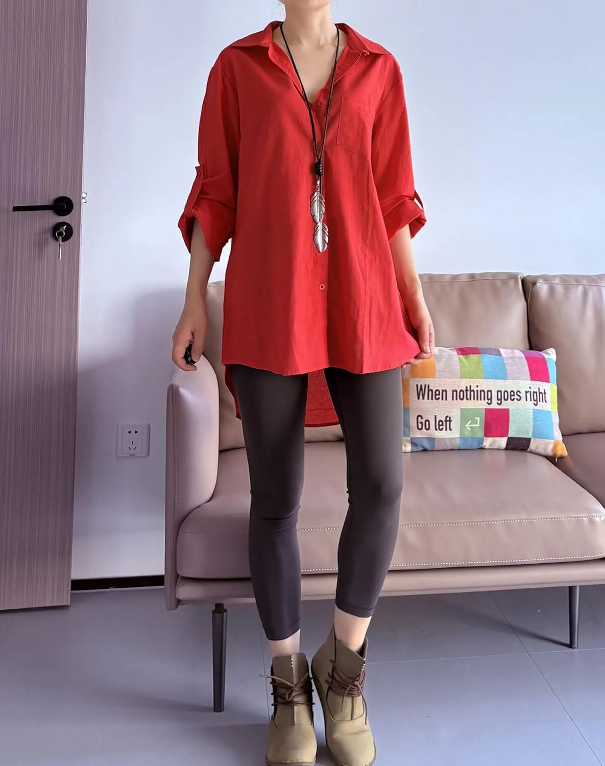 Minibee Women's Linen Blouse High Low Shirt Roll-Up Sleeve Tops