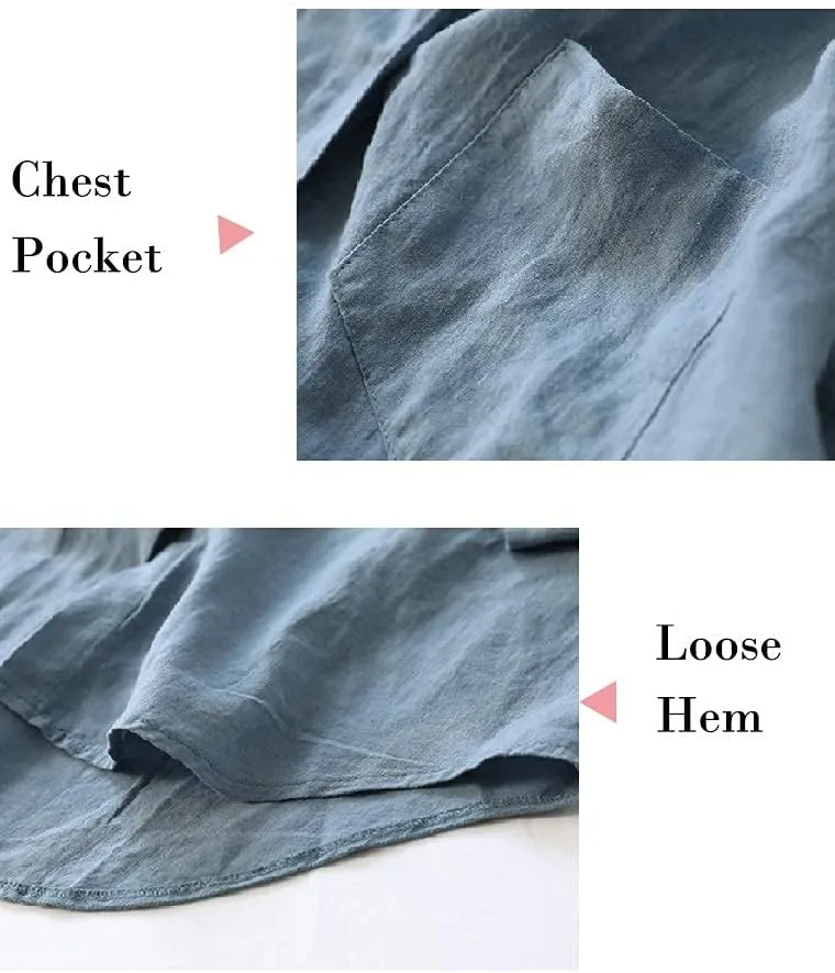 Minibee Women's Linen Blouse High Low Shirt Roll-Up Sleeve Tops