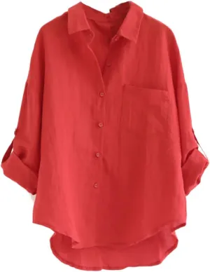 Minibee Women's Linen Blouse High Low Shirt Roll-Up Sleeve Tops