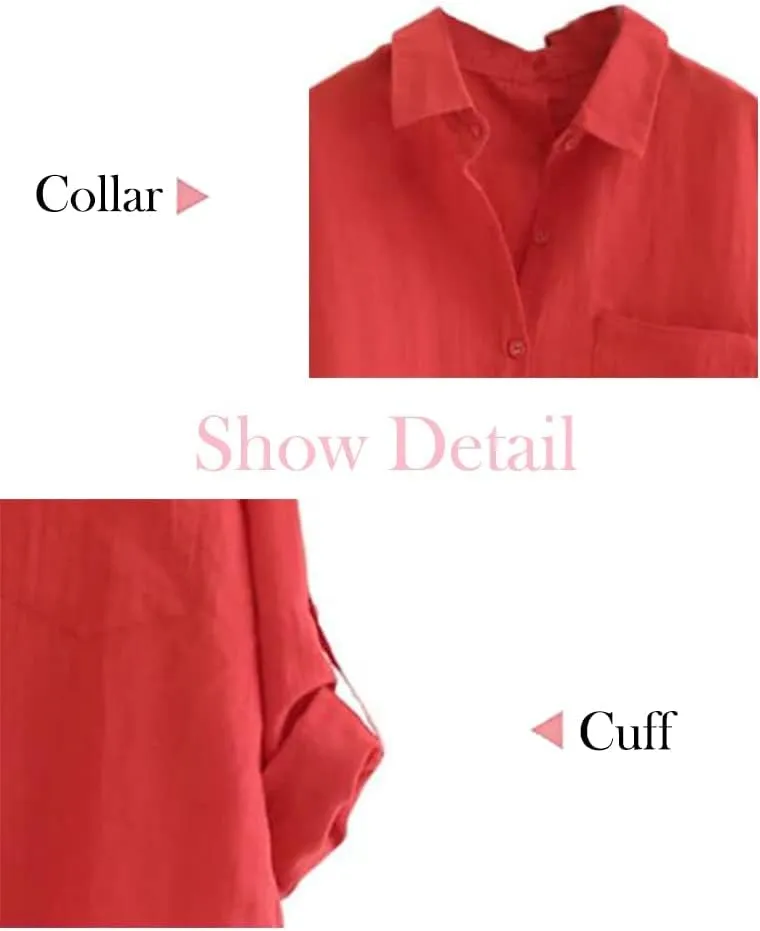 Minibee Women's Linen Blouse High Low Shirt Roll-Up Sleeve Tops