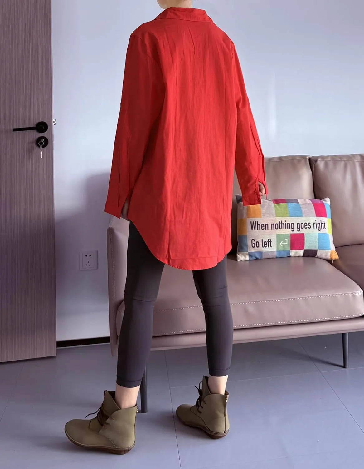 Minibee Women's Linen Blouse High Low Shirt Roll-Up Sleeve Tops