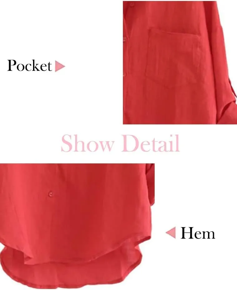 Minibee Women's Linen Blouse High Low Shirt Roll-Up Sleeve Tops