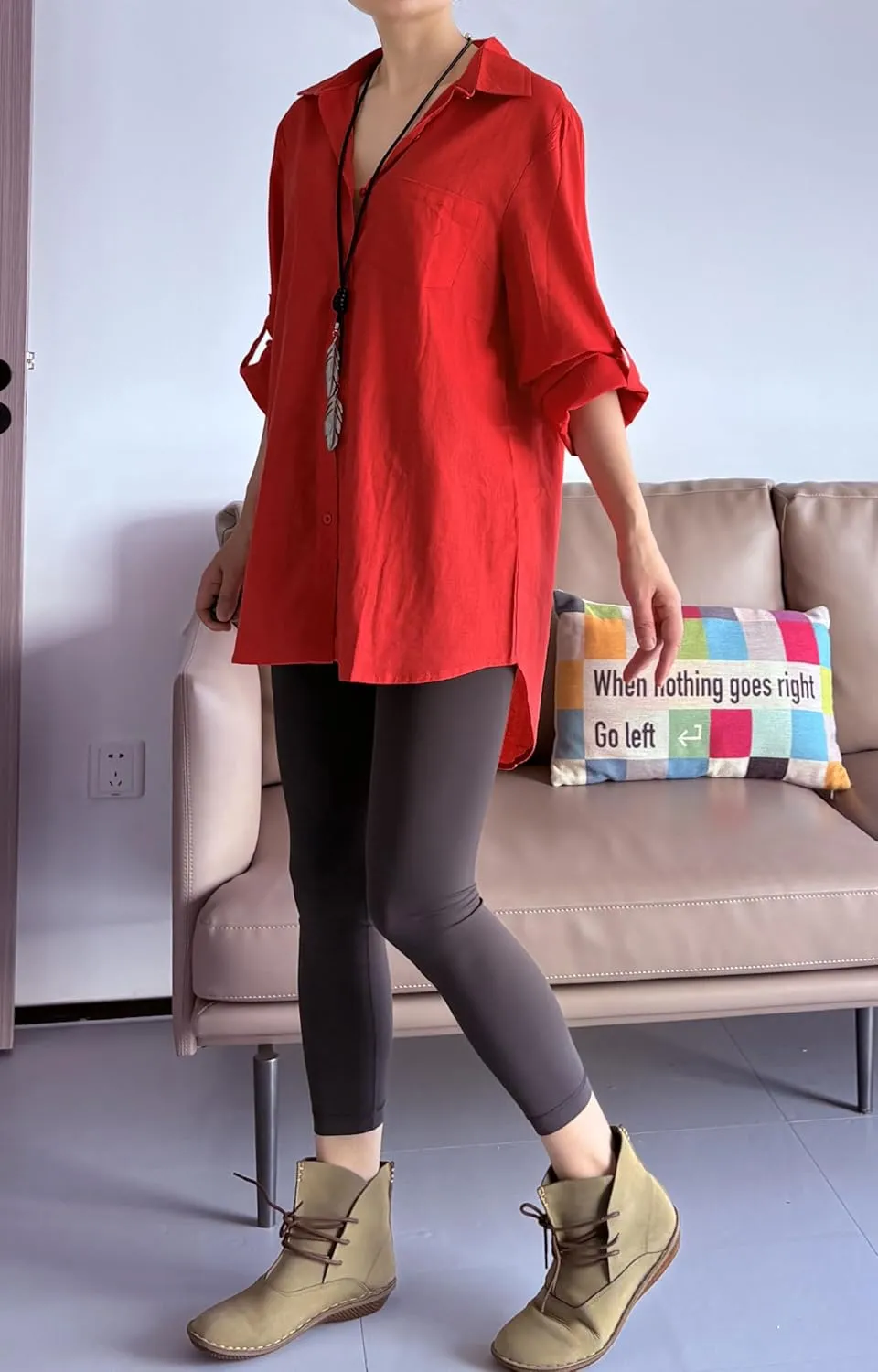 Minibee Women's Linen Blouse High Low Shirt Roll-Up Sleeve Tops