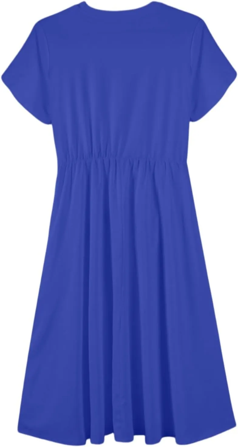 NBXNZWF Women 2025 Summer Dress Short Sleeve Crewneck Belt Midi Dress Floral Print Elegant A Line T-Shirt Dress with Pockets