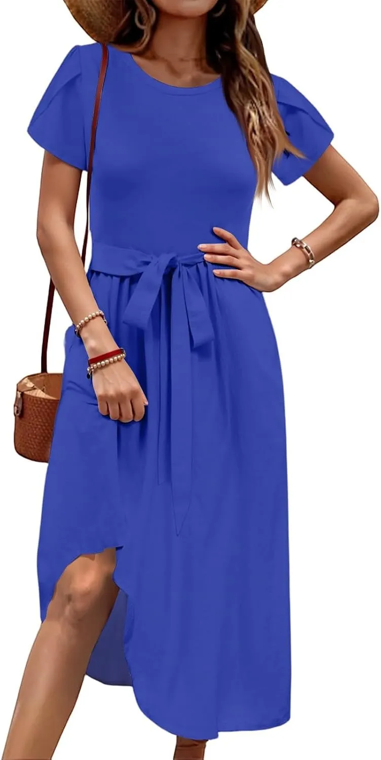 NBXNZWF Women 2025 Summer Dress Short Sleeve Crewneck Belt Midi Dress Floral Print Elegant A Line T-Shirt Dress with Pockets