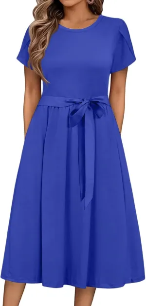 NBXNZWF Women 2025 Summer Dress Short Sleeve Crewneck Belt Midi Dress Floral Print Elegant A Line T-Shirt Dress with Pockets