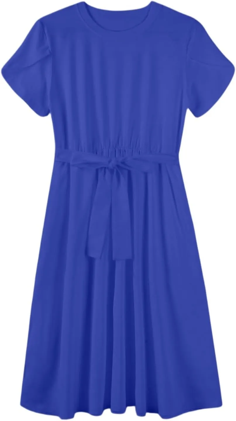 NBXNZWF Women 2025 Summer Dress Short Sleeve Crewneck Belt Midi Dress Floral Print Elegant A Line T-Shirt Dress with Pockets
