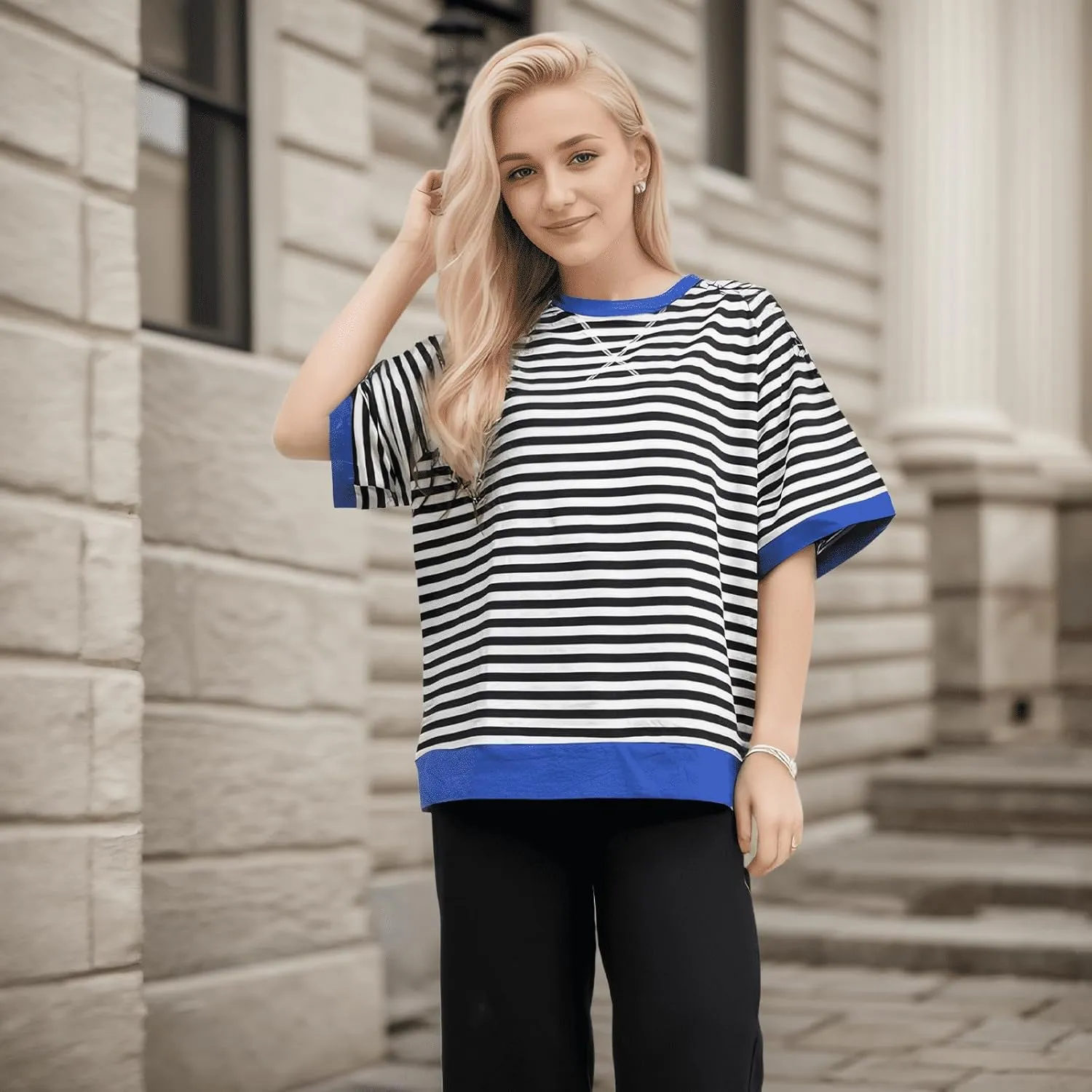 Oversized T-Shirts Striped Crewneck Short Sleeve Casual Tops Loose Blouses Tops for Women Trendy