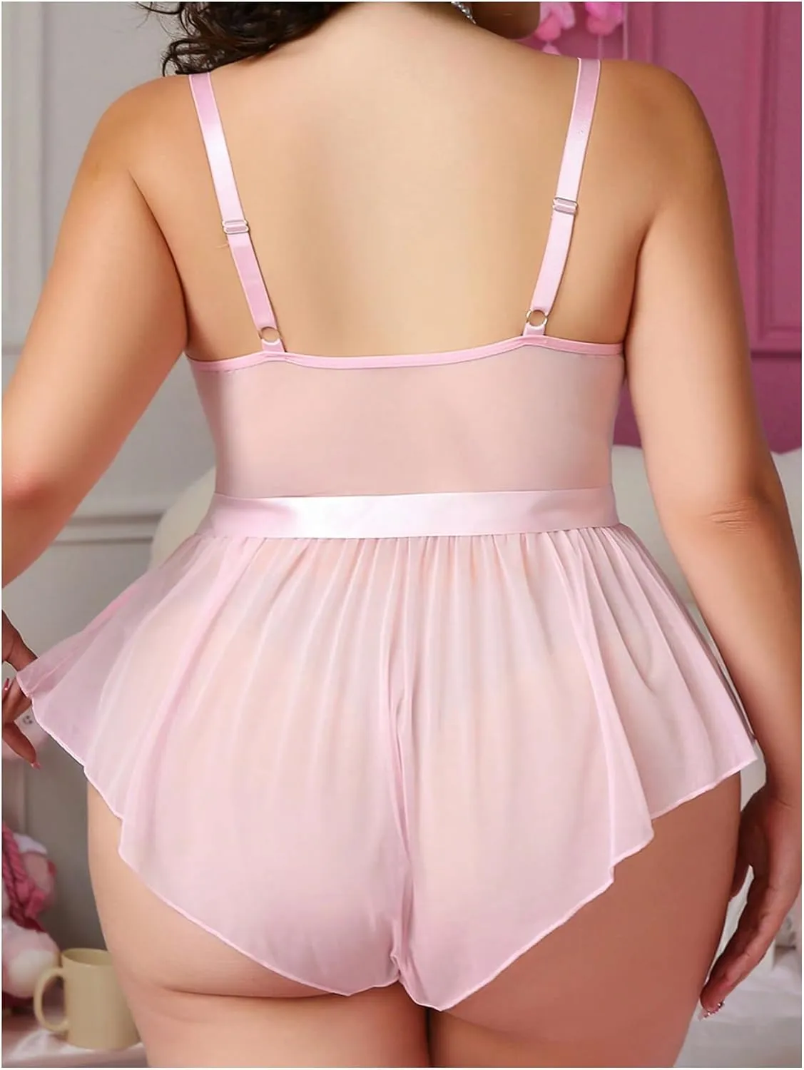 OYOANGLE Women's Plus Size Lace Sheer Mesh Teddy Lingerie Bodysuit with Belt One Piece Mini Babydoll