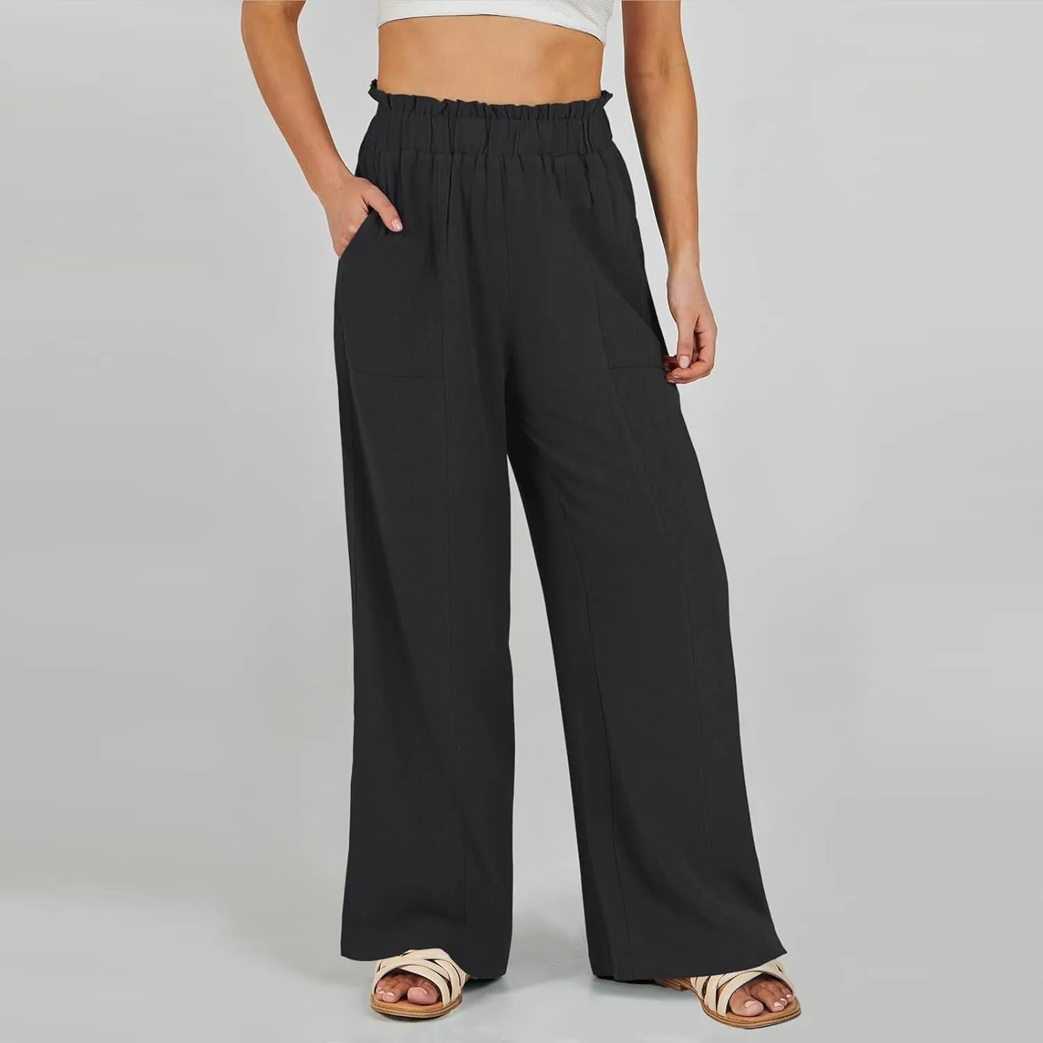 Palazzo Linen Pants for Women Elastic High Waisted Wide Leg Pants Flowy Lounge Pants Summer Beach Pants with Pockets