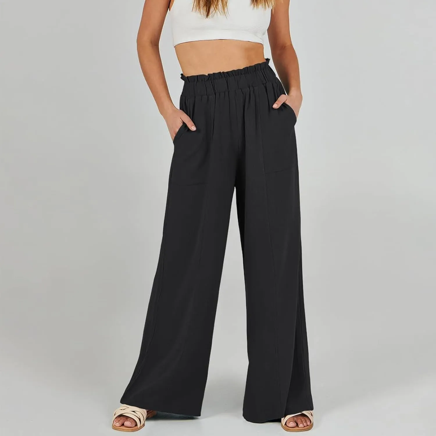 Palazzo Linen Pants for Women Elastic High Waisted Wide Leg Pants Flowy Lounge Pants Summer Beach Pants with Pockets