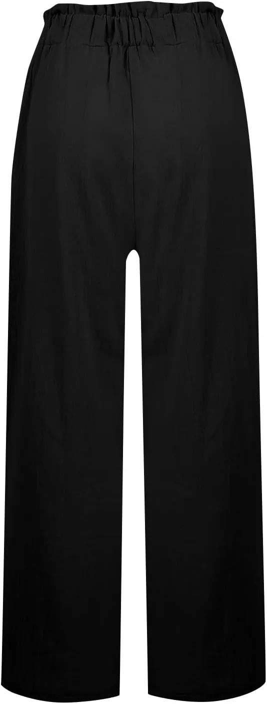 Palazzo Linen Pants for Women Elastic High Waisted Wide Leg Pants Flowy Lounge Pants Summer Beach Pants with Pockets