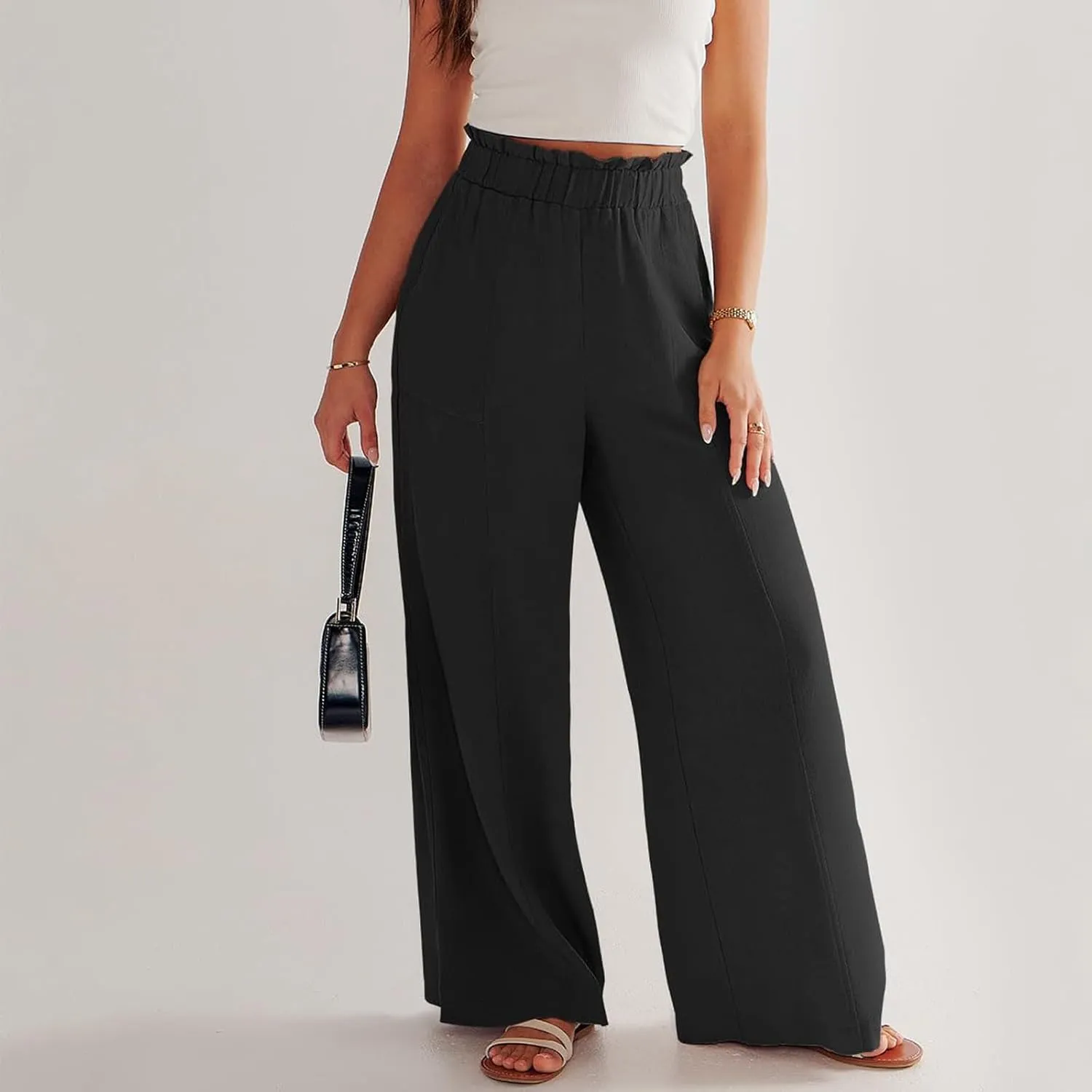 Palazzo Linen Pants for Women Elastic High Waisted Wide Leg Pants Flowy Lounge Pants Summer Beach Pants with Pockets