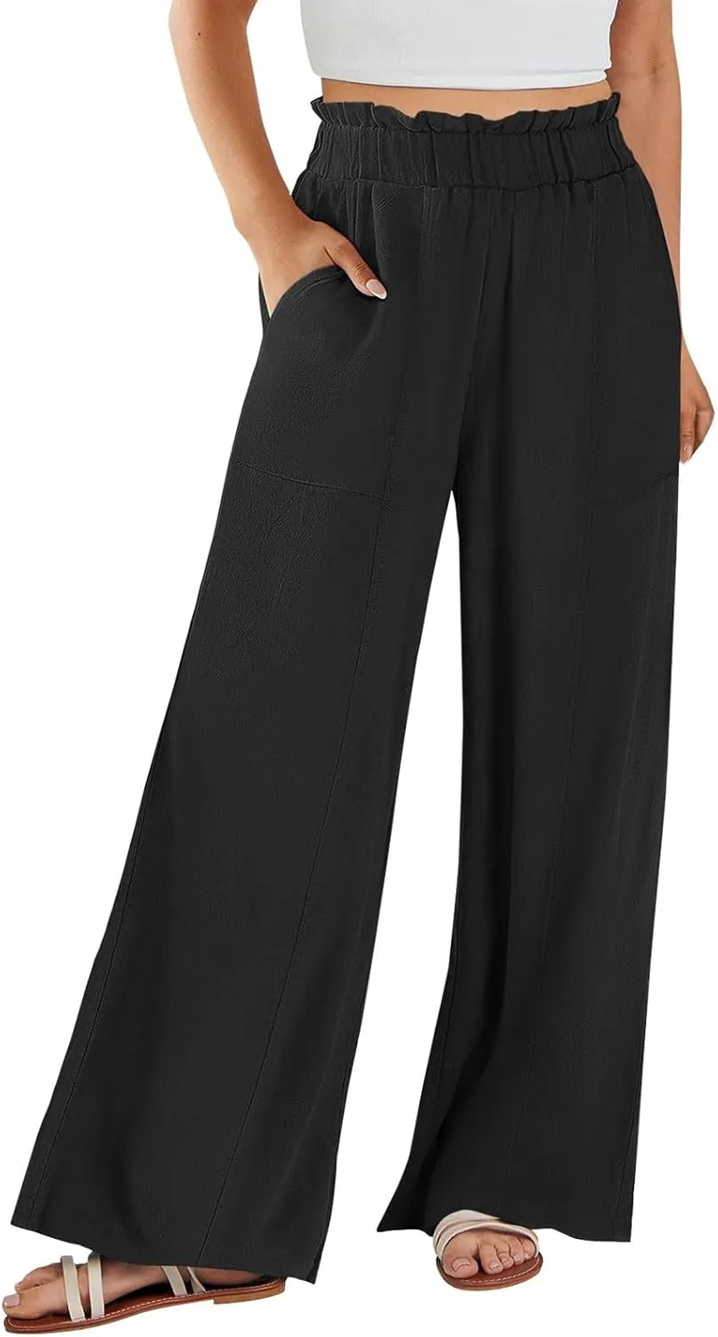 Palazzo Linen Pants for Women Elastic High Waisted Wide Leg Pants Flowy Lounge Pants Summer Beach Pants with Pockets