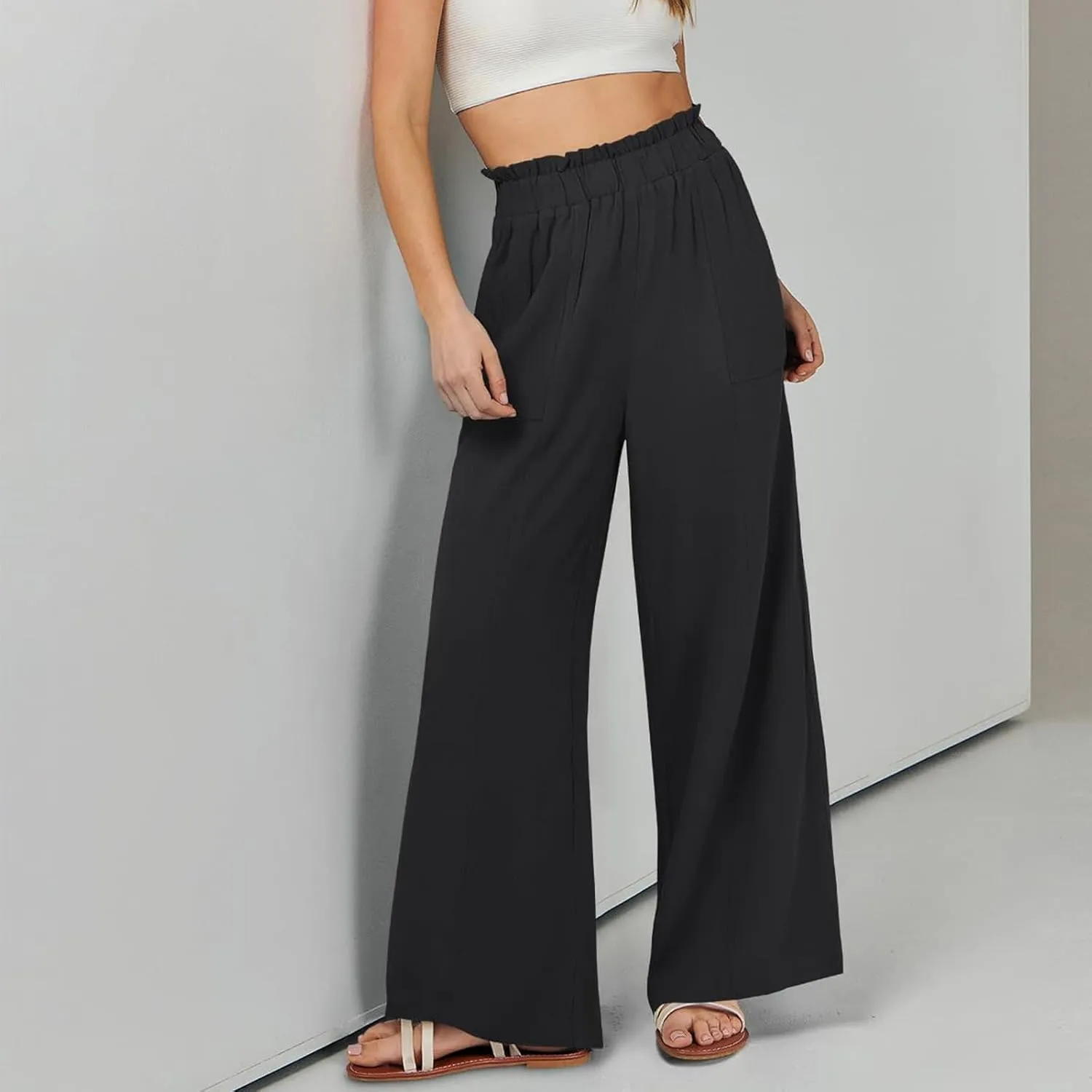 Palazzo Linen Pants for Women Elastic High Waisted Wide Leg Pants Flowy Lounge Pants Summer Beach Pants with Pockets